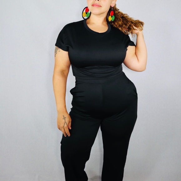 Pants - Short Sleeve Crop/ Wide Leg 2 Piece Set S-XL Black